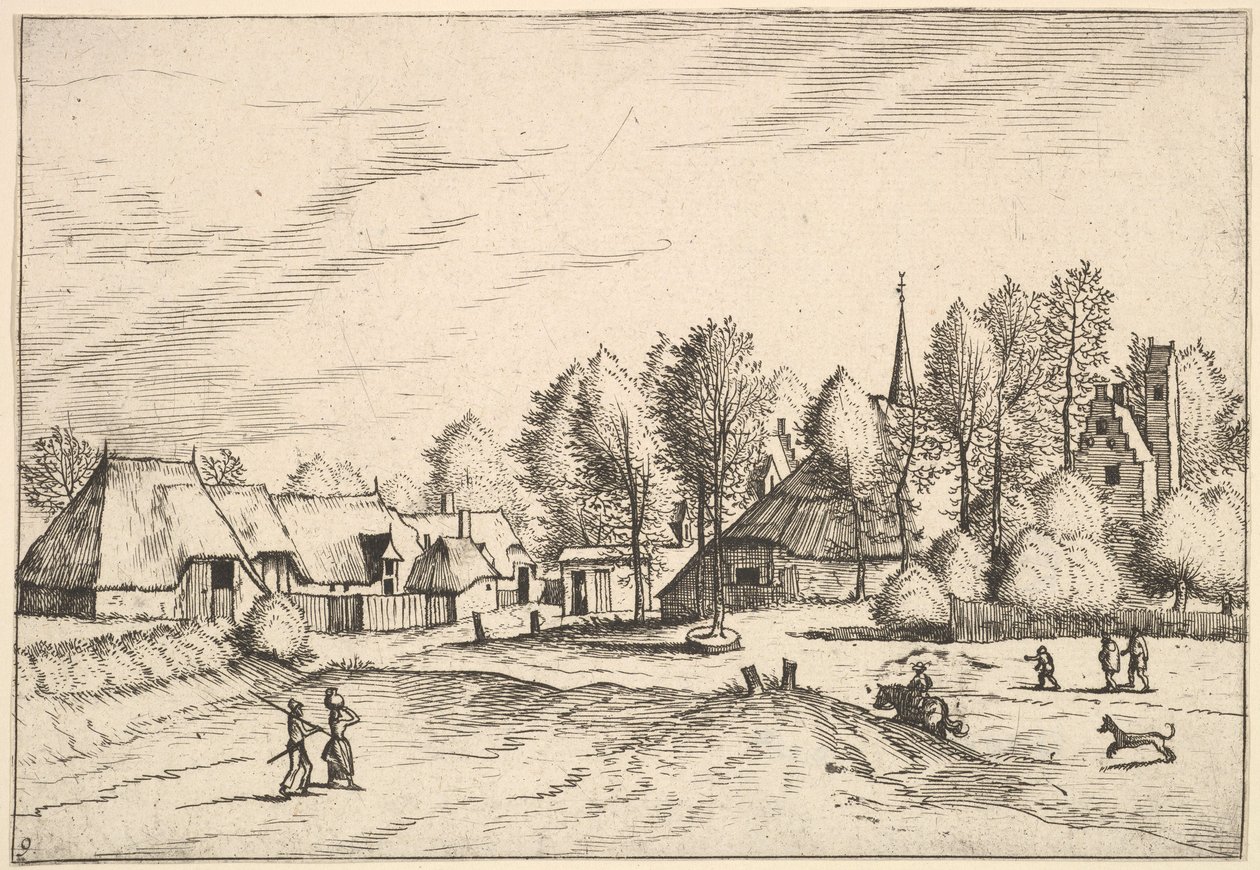 Aldeia do Campo com Torre da Igreja dos chalés Multifararum e linhas campestres..., 1559-61. de Johannes van Doetecum I