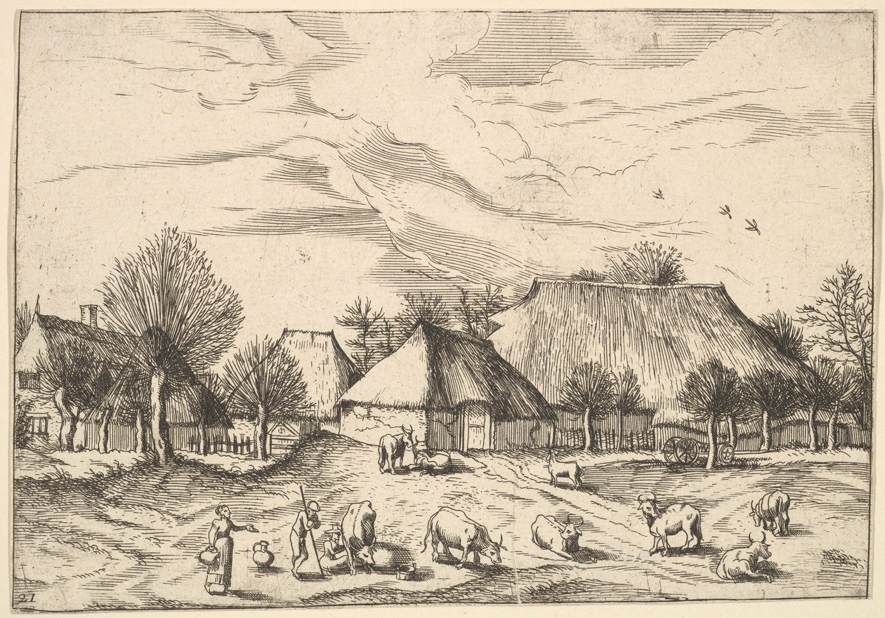 Fazendas, gado com pastores e leiteiras em primeiro plano de Multifariarum casularu..., 1559-61. de Johannes van Doetecum I