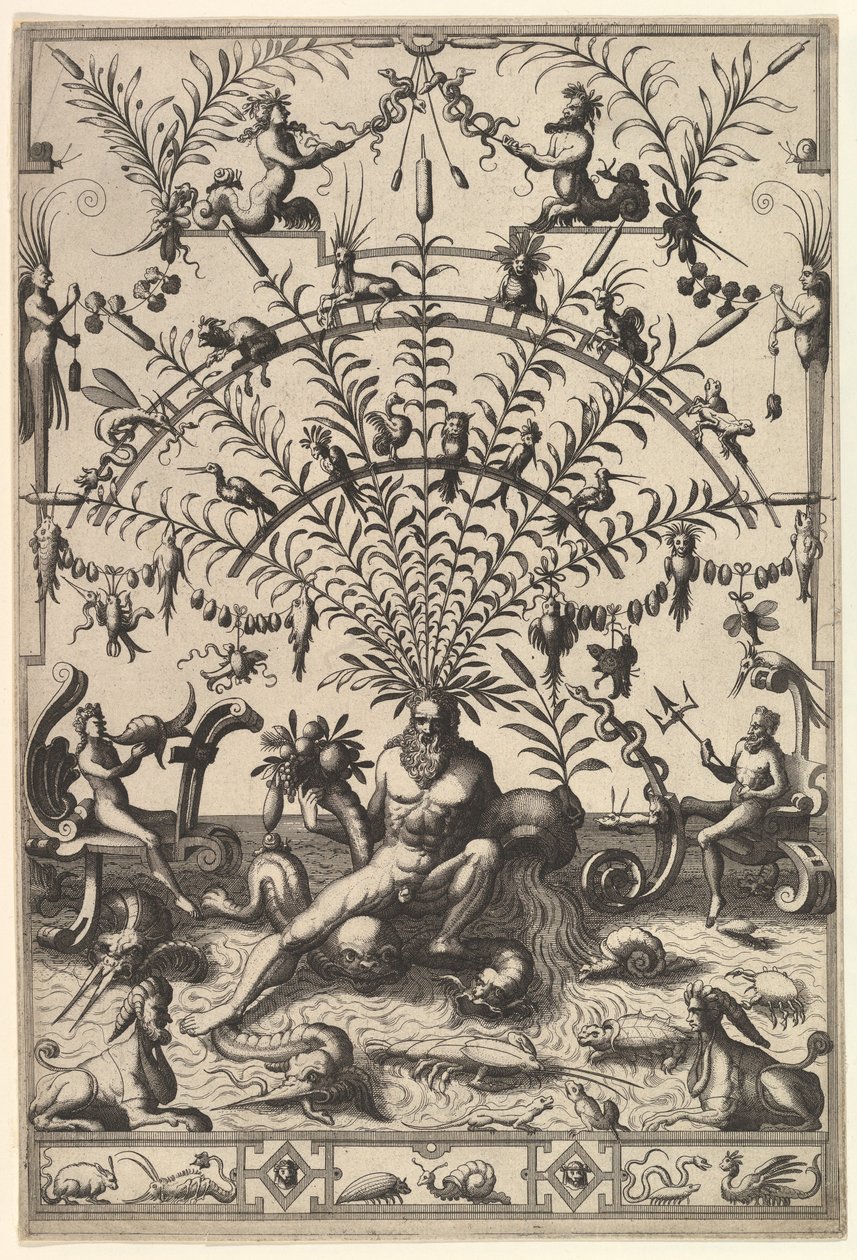 Decoração moderna Grotesca com um Deus do Rio, 1557. de Johannes van Doetecum I
