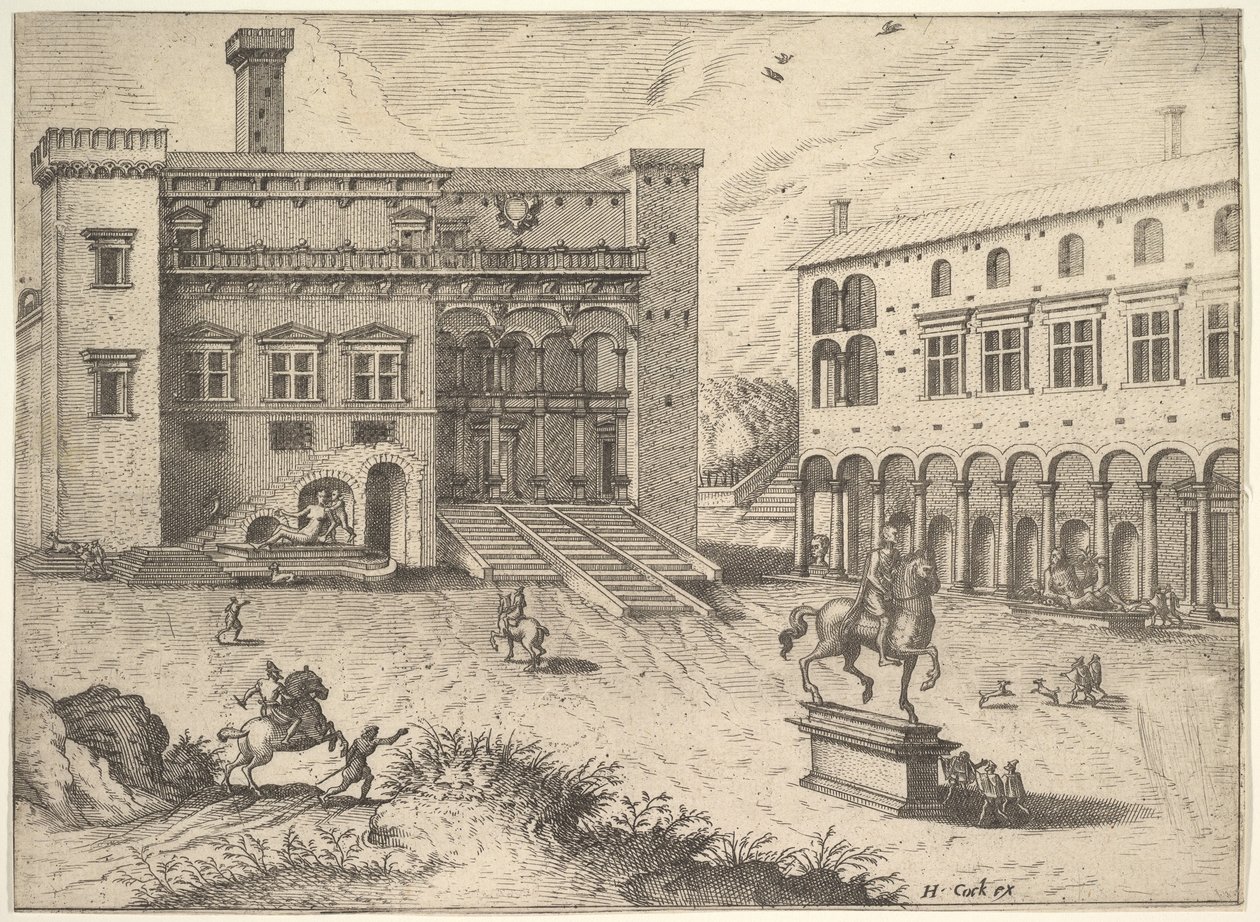 Vista do Campidoglio no Monte Capitolino, com estátua equestre no canto inferior direito, de..., 1562. de Johannes van Doetecum I