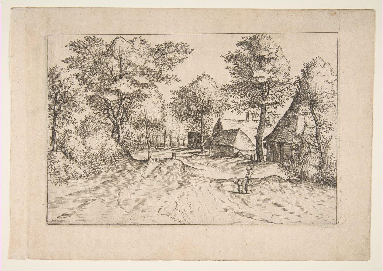 Estrada da Aldeia com Fazenda e Galpões, da série As Pequenas Paisagens Multifariaru..., 1559-61. de Johannes van Doetecum I