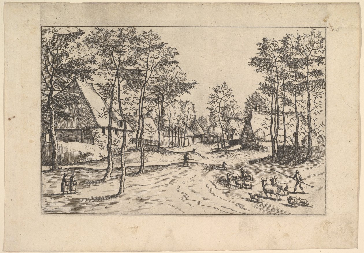 Rua da aldeia, gado, ovelhas e pastor em primeiro plano de Praediorum villar..., ca. 1559-61. de Johannes van Doetecum I