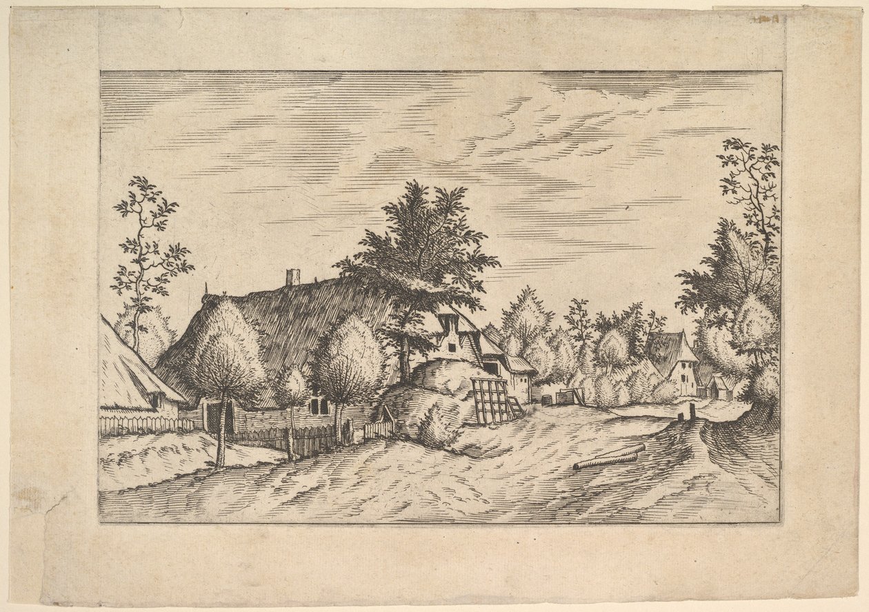Rua da Aldeia, feno empilhado em frente a uma quinta da Quinta das Herdades e Rural..., ca. 1559-61. de Johannes van Doetecum I