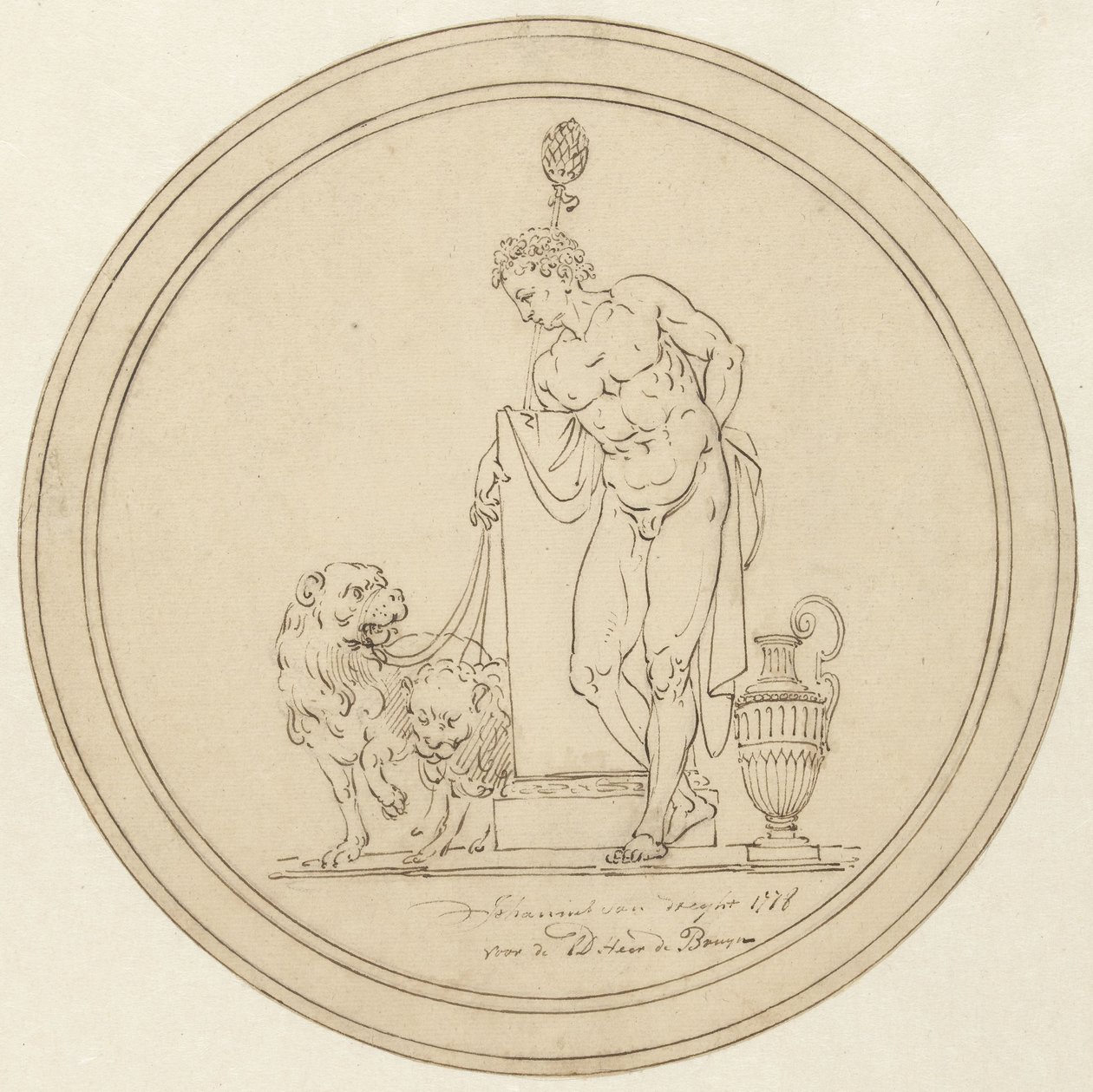 Figura alegórica do homem, de pé com dois leões de Johannes van Dregt