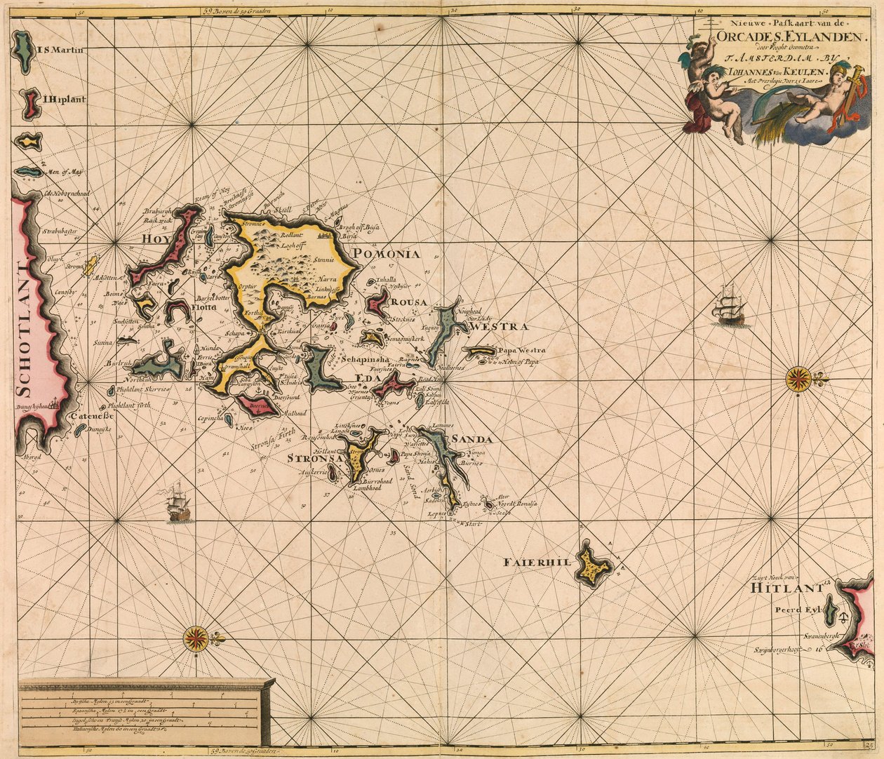 Carta de Orcades Eylande (Orkneys) do "Grande Atlas Marítimo Recentemente Alargado" de van Keulen de Johannes van Keulen