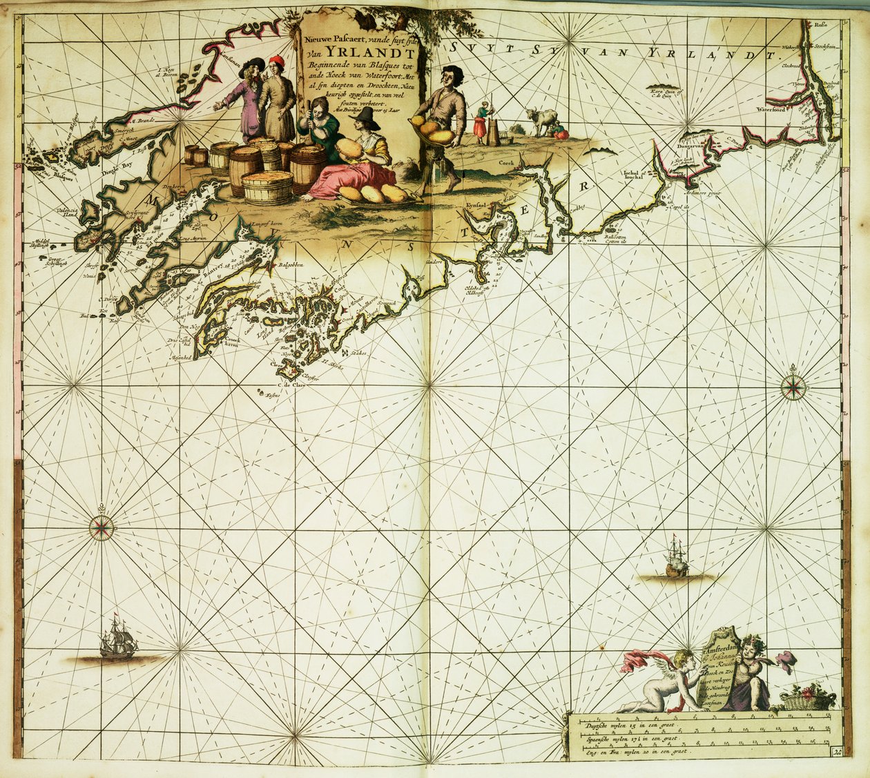 New pascaert, van de suyt syde van Yrlandt beginnende van Blasques tot ande Hoeck van Waterfoort. Uma carta encadernada no "Grande e Recentemente Ampliado Atlas do Mar" ou Waterworld de van Keulen de Johannes van Keulen