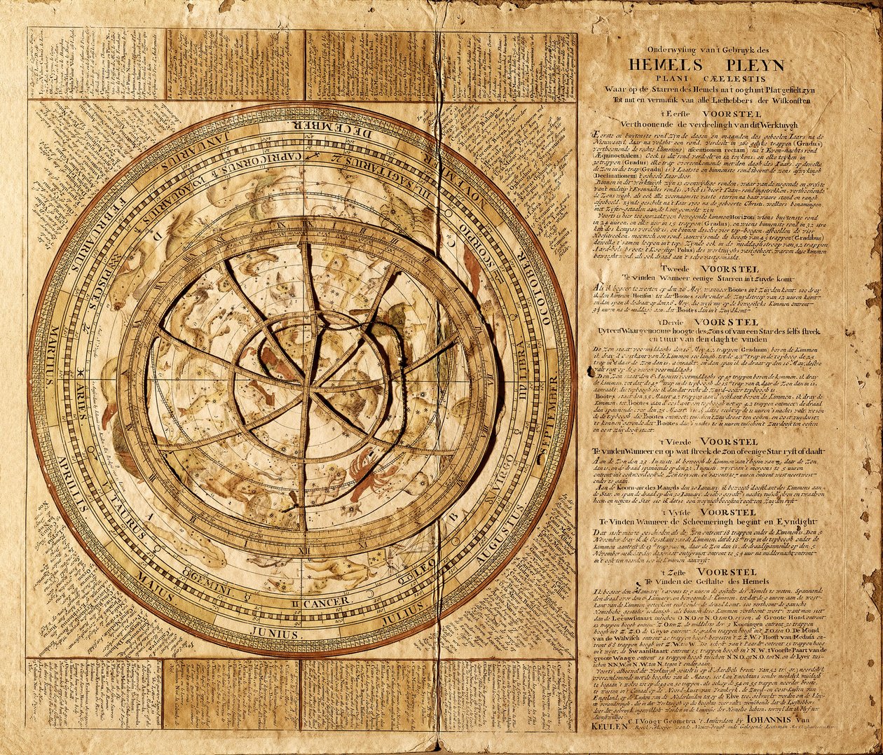 Planisfera celestial feita pelo cartógrafo holandês Johannes van Keulen (1654-1715). As constelações são representadas e um círculo móvel permite seguir a posição das estrelas de acordo com o mês do ano. Barcelona. Museu Marítimo de Barcelona de Johannes van Keulen