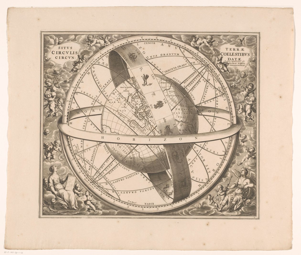Hemelkaart van de aarde volgens het stelsel van Ptolemaeus A posição da terra cercada por círculos celestiais (título no objeto) de Johannes van Loon