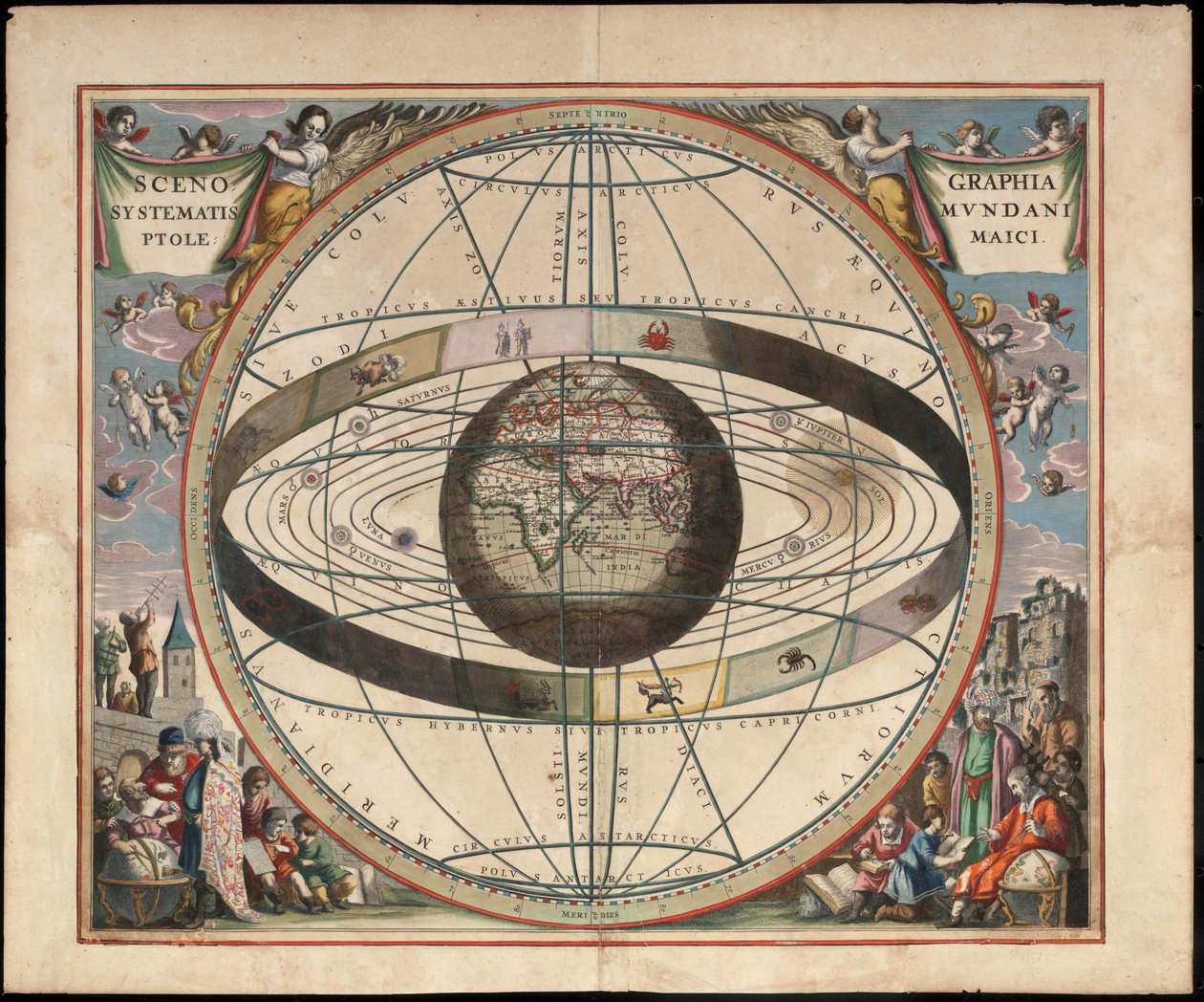 Cenografia da cosmografia ptolomaica De Andreas Cellarius Harmonia Macrocosmica, c. 1660 de Johannes van Loon