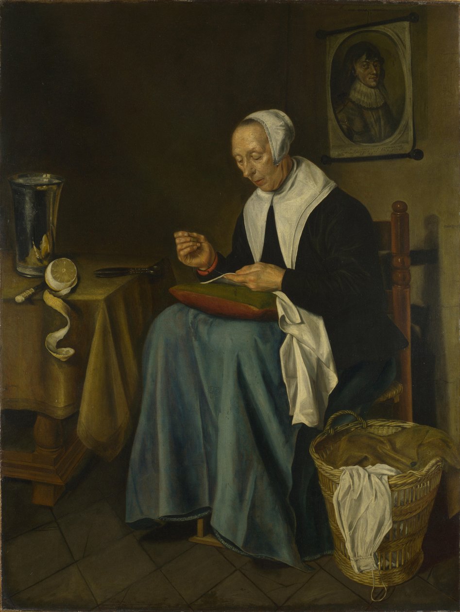 Uma mulher sentada sentada costura, 1655 de Johannes van der Aeck