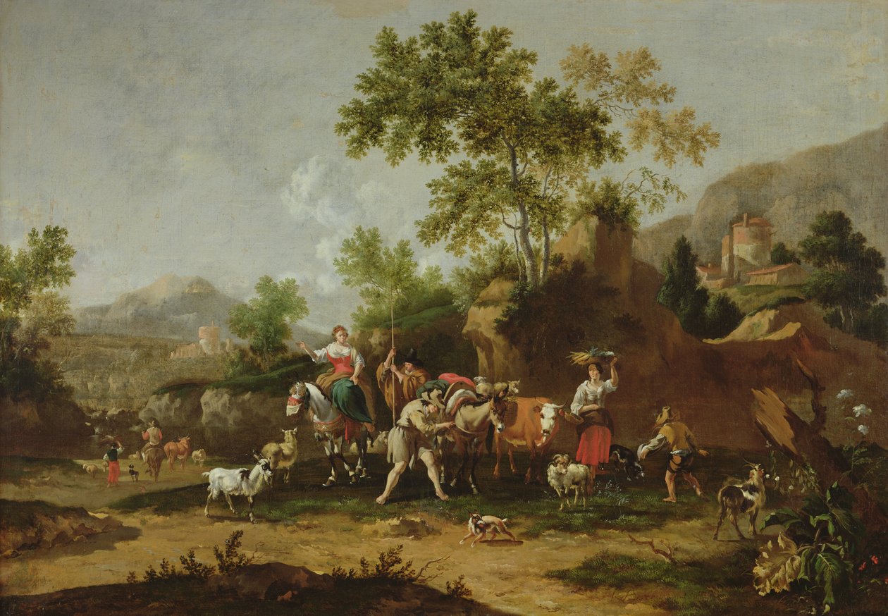 Paisagem italiana com figuras e animais de Johannes van der Bent