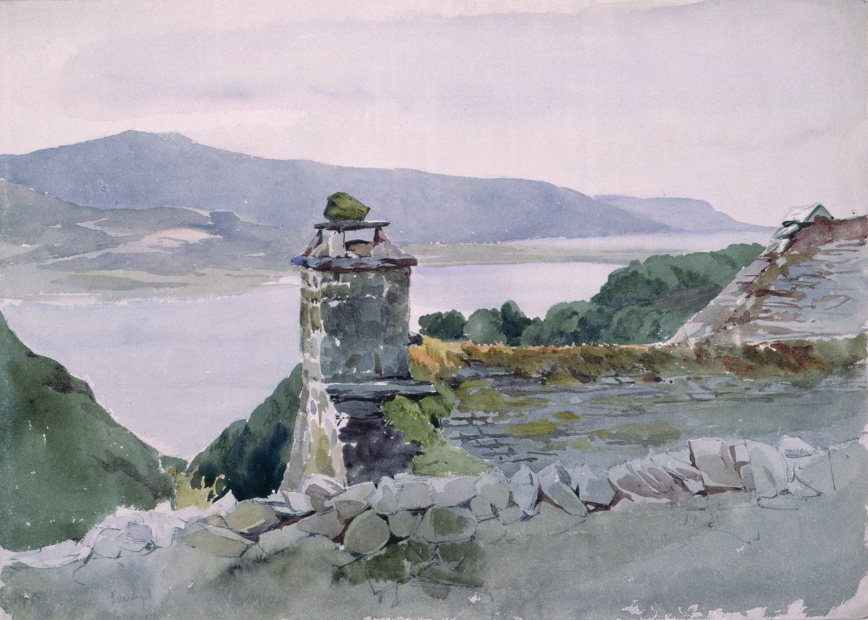 Uma baía montanhosa, vista de uma parede sobre um telhado, século XIX (aquarela) de John Absolon