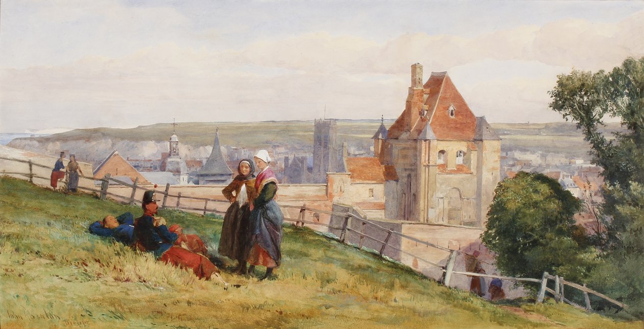 Vista sobre Dieppe das falésias acima do Chateau, c.1865 (wc e guache sobre papel) de John Absolon