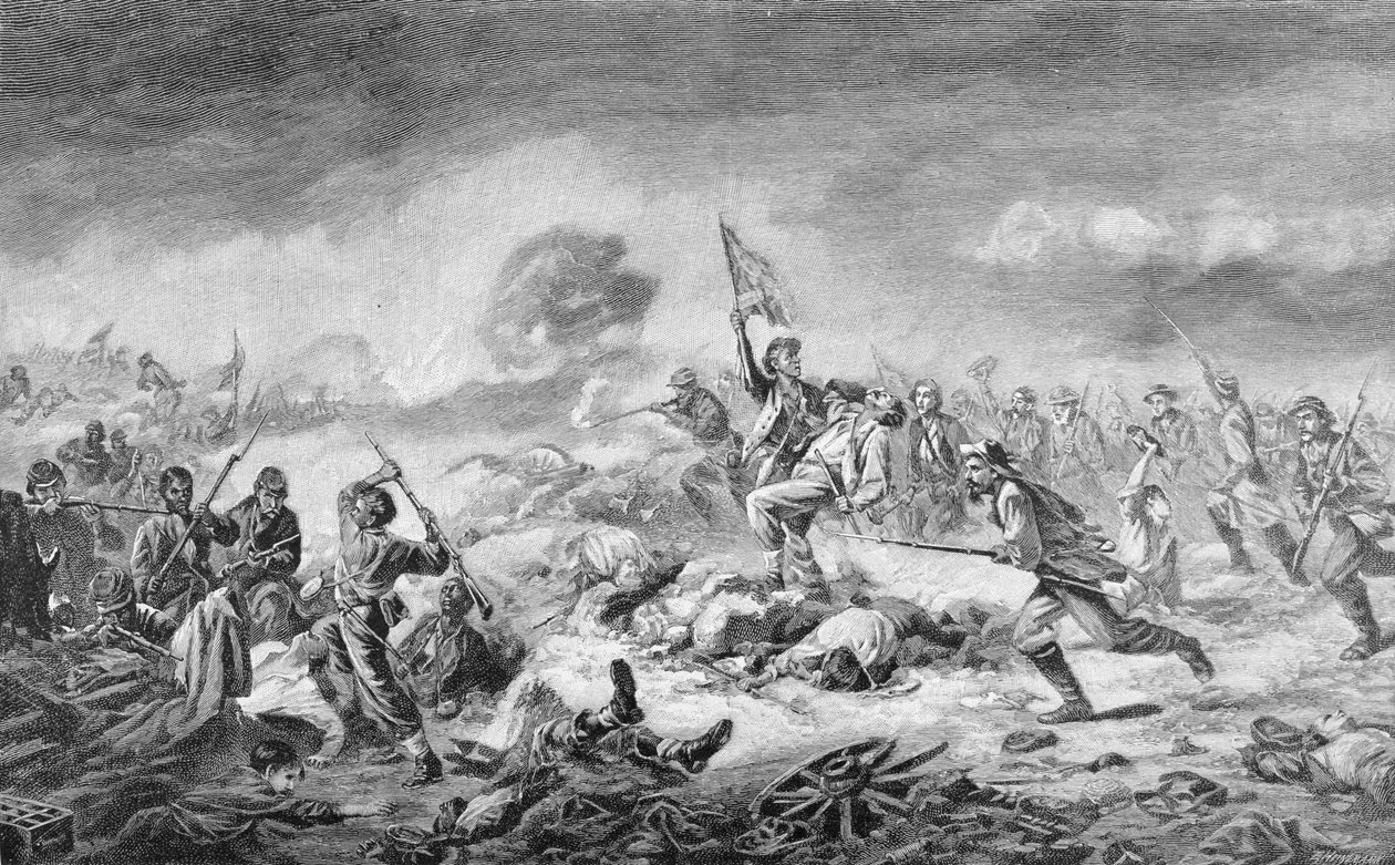 A Batalha da Cratera, gravada por Ernst Heinemann (1848-1912), ilustração de "Batalhas e Líderes da Guerra Civil", editada por Robert Underwood Johnson e Clarence Clough Buel de John Adams Elder
