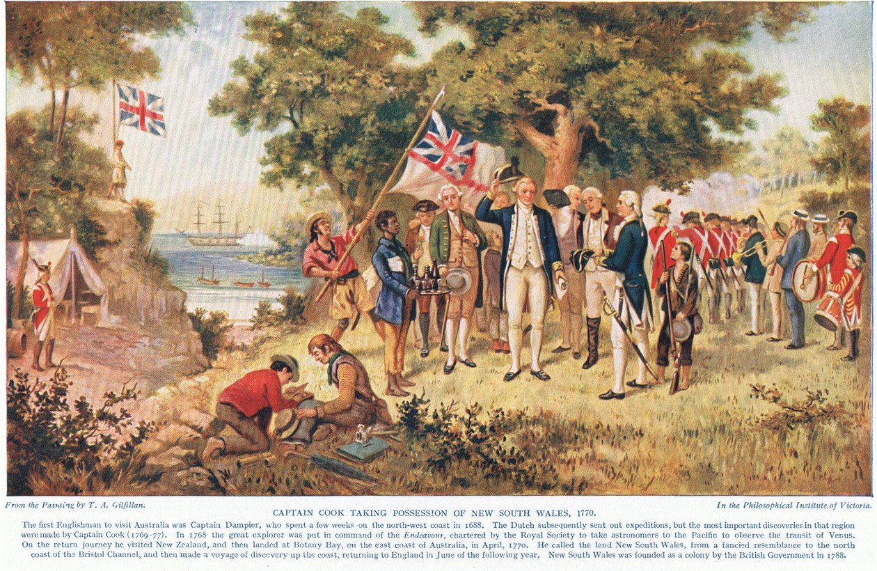 Capitão Cook tomando posse de Nova Gales do Sul, c.1910 de John Alexander Gilfillan
