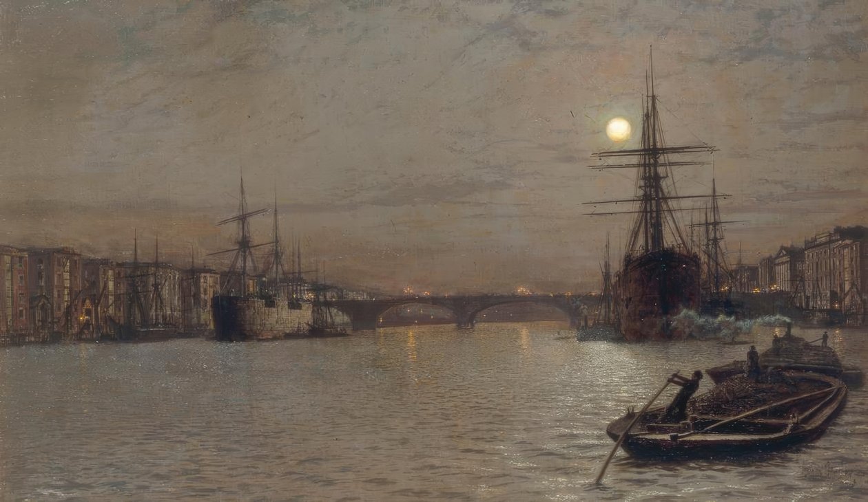 A piscina e a ponte de Londres à noite de John Atkinson Grimshaw