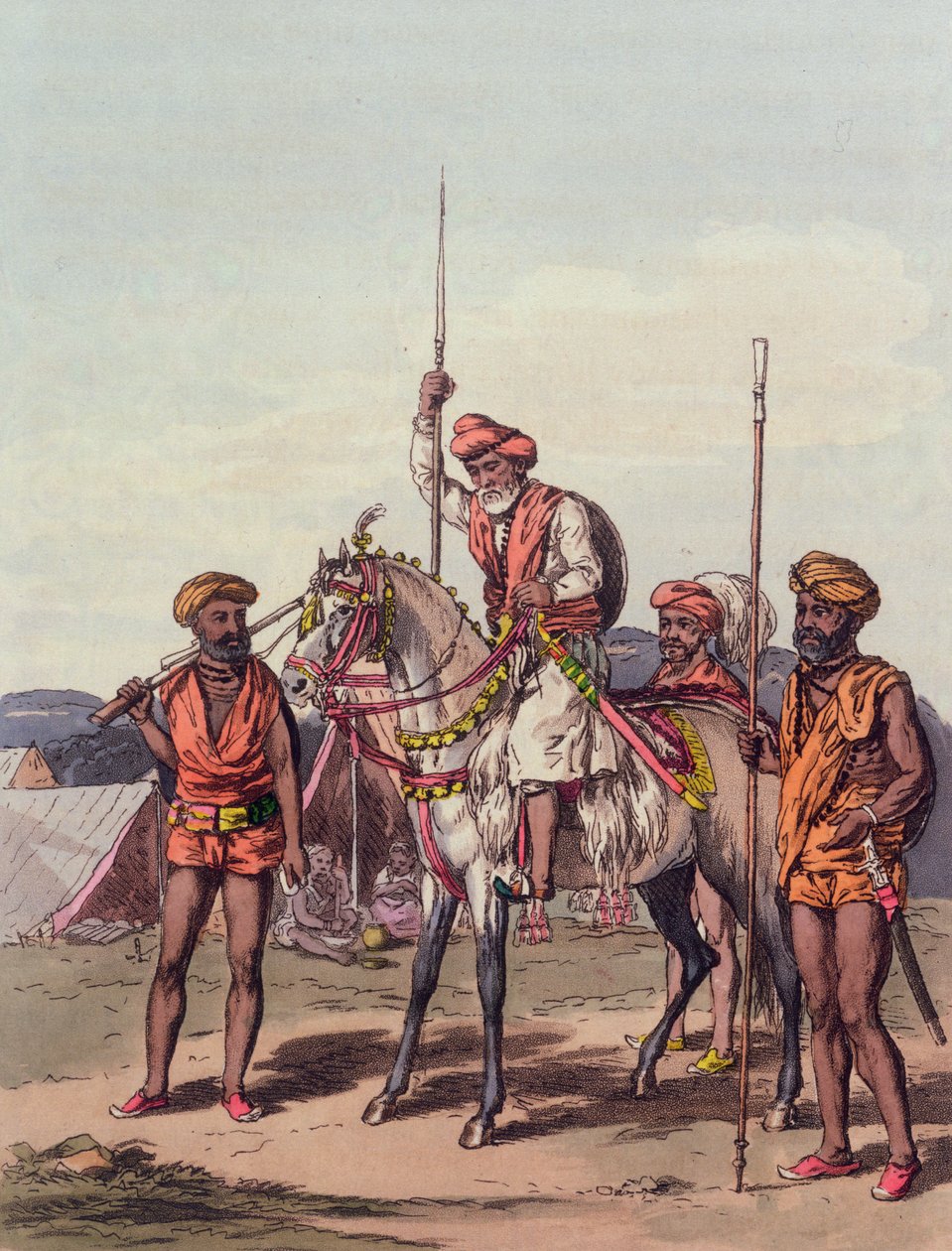 Um Muhunt e Gosaeens, de &39;A Mahratta Camp&39;, 5 de abril de 1813 (gravura a cores) de John Augustus Atkinson