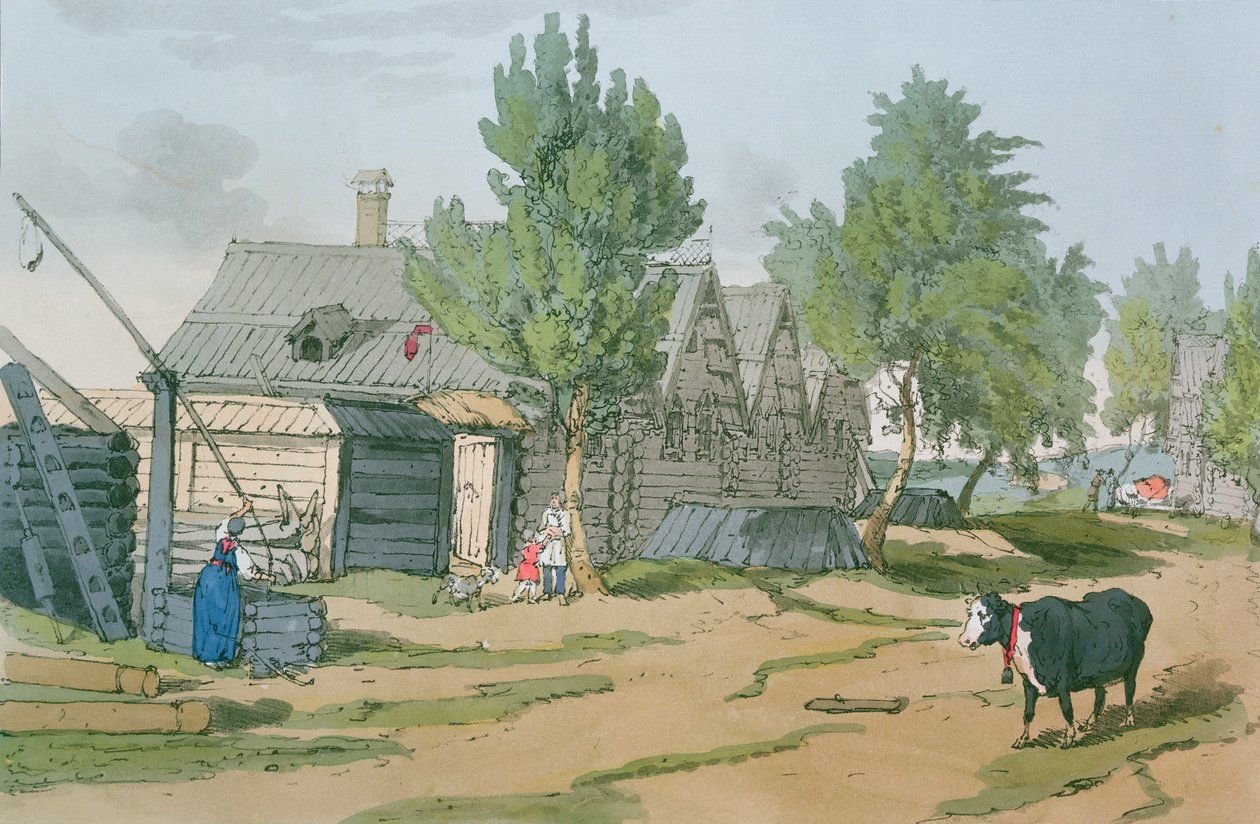 Uma vila russa, 1804 de John Augustus Atkinson
