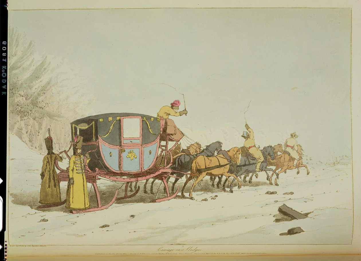 Carruagem em trenós, gravada pelo artista, publicada em 1803 de John Augustus Atkinson