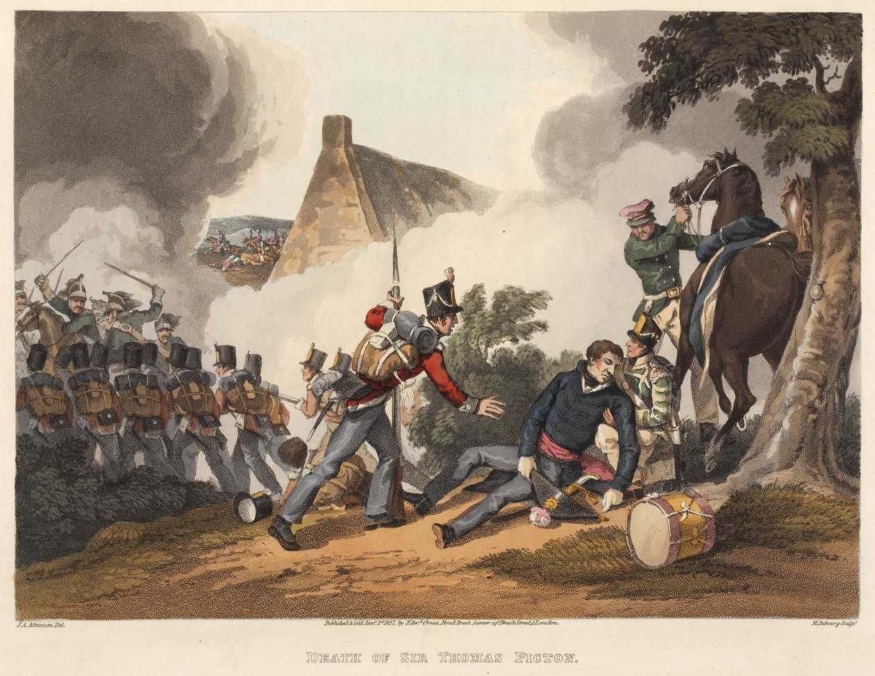 Morte de Sir Thomas Picton, gravado por M. Dubourg, 1819 (colorido aquatint) de John Augustus Atkinson