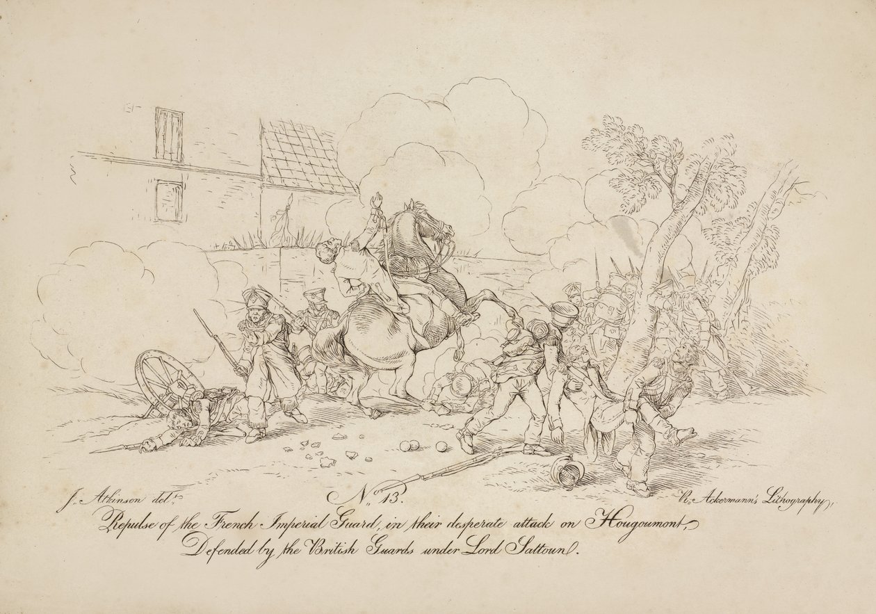 Repulsa da Guarda Imperial Francesa, em seu desesperado ataque a Hougoumont, defendida pelos guardas britânicos sob Lord Saltoun, litografia de R. Ackermann, 1815 de John Augustus Atkinson