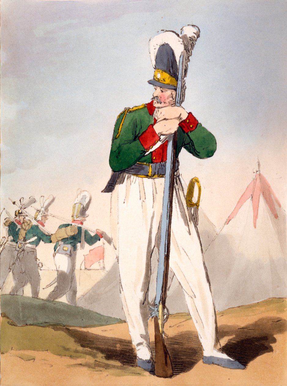 Soldado russo, ilustração de &39;As maneiras, costumes e diversões dos russos&39; por James Walker, publicado em 1803-4 (gravura em água) de John Augustus Atkinson