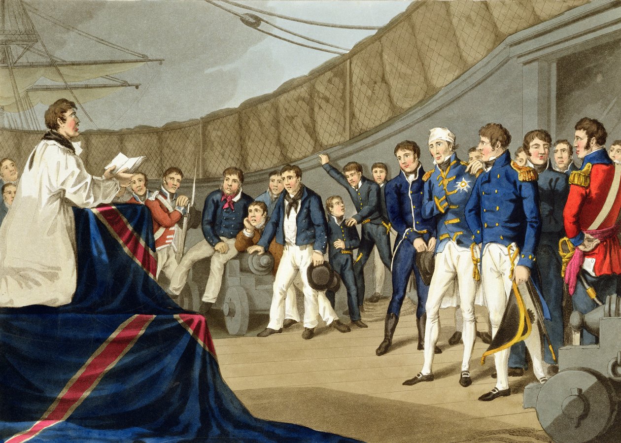 Marinheiros em oração a bordo do navio de Lord Nelson Após a batalha do Nilo, gravada por John Heaviside Clark (c.1771-1863) e Matthew Dubourg (fl.1813-20) de "Histórico, militar e naval anedotas de John Augustus Atkinson