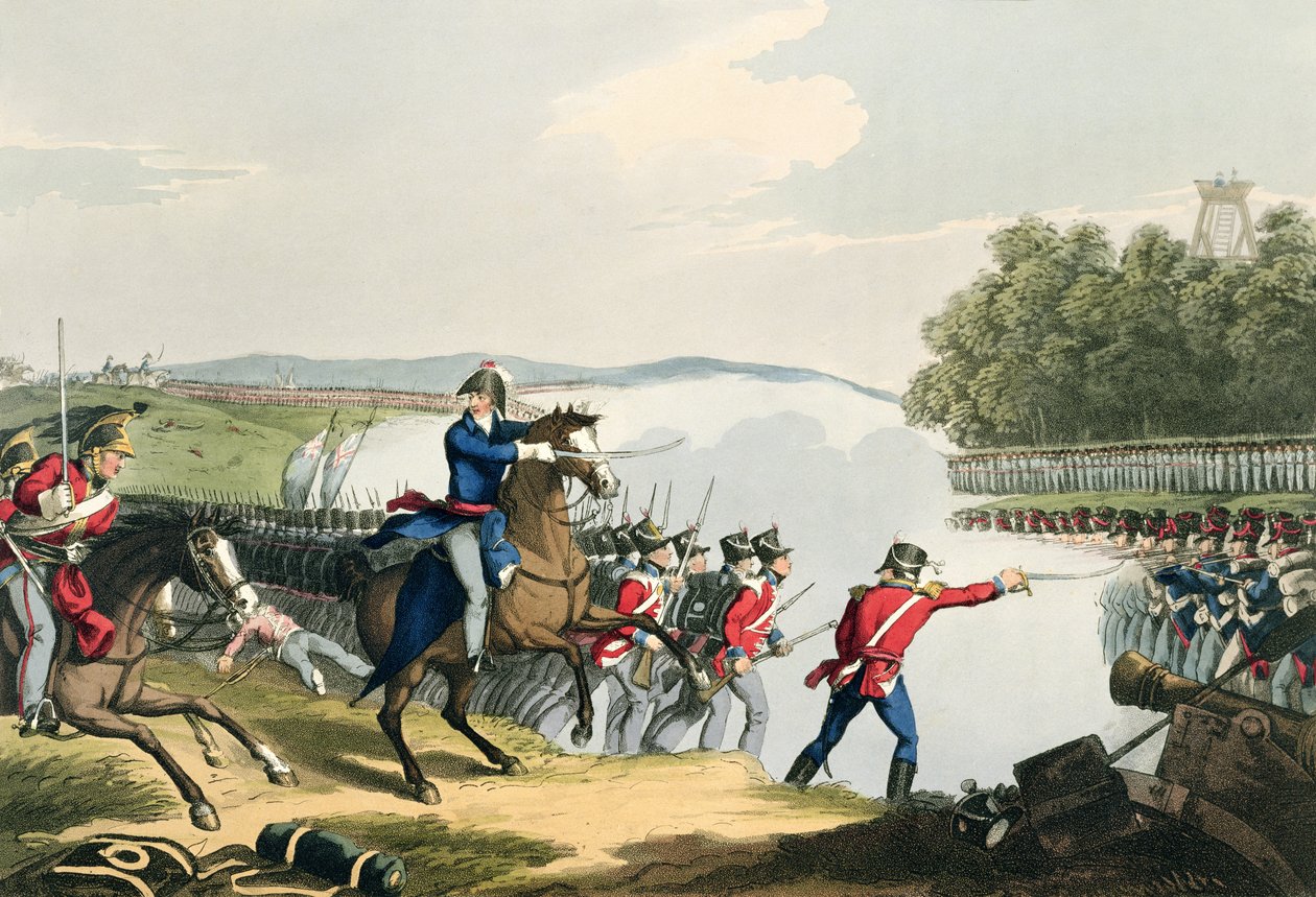 A batalha de Waterloo Decidido pelo duque de Wellington, gravado por Matthew Dubourg (fl.1813-20) de "histórico, militar e anedotas navais", bar. por Edward Orme (1774-c.1820) 1815 (aquatinta) de John Augustus Atkinson