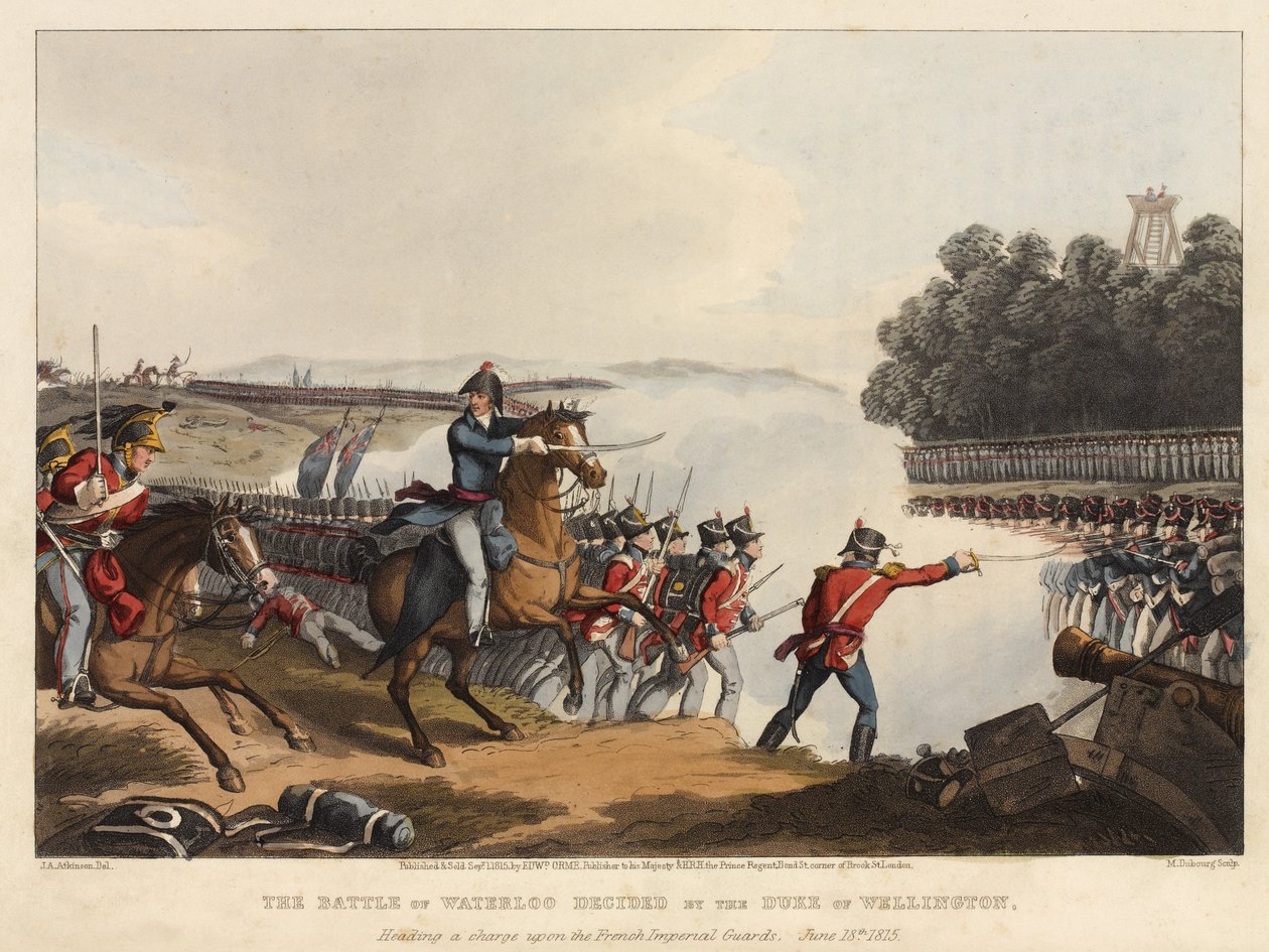 A batalha de Waterloo decidida pelo duque de Wellington, encabeçando uma carga sobre a Guarda Imperial Francesa, 18 de junho de 1815, gravada por M. Dubourg, 1819 (colorido aquatint) de John Augustus Atkinson