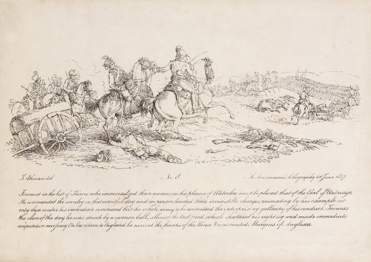 O Conde de Uxbridge liderando uma carga de cavalaria na Batalha de Waterloo, sua perna direita acaba de ser atingida por uma bala de canhão, litografia feita por R. Ackermann, 1815 de John Augustus Atkinson