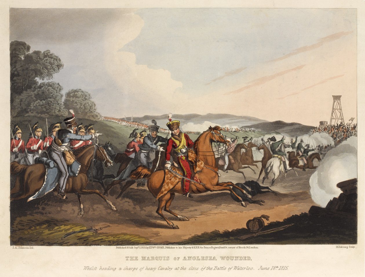 O Marquês de Anglesea [sic] feriu, enquanto dirigia uma carga de cavalaria pesada no final da Batalha de Waterloo, 18 de junho de 1815, gravada por M. Dubourg, 1819 (colorido aquatint) de John Augustus Atkinson