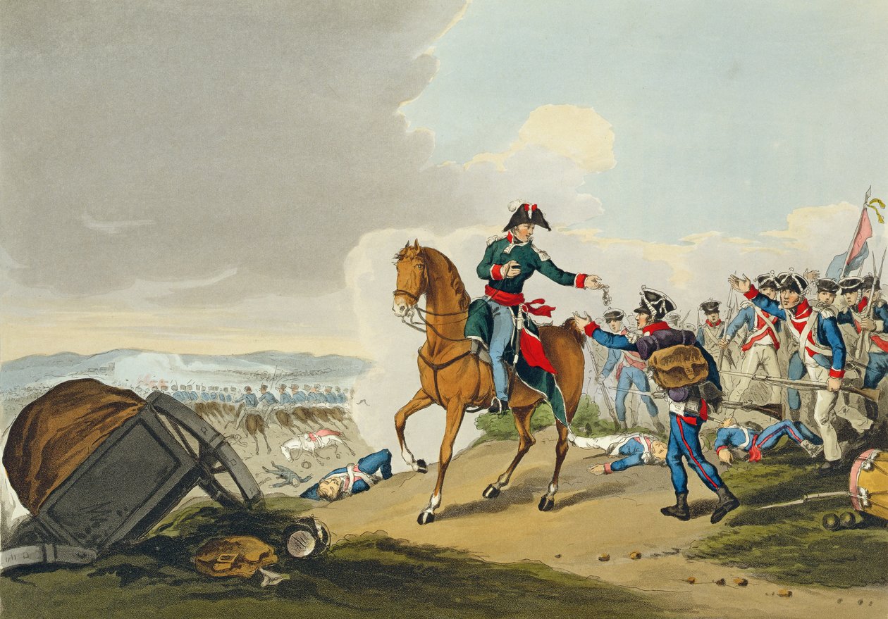 O Príncipe de Orange na Batalha de Waterloo, gravado por Matthew Dubourg (fl.1813-20) de "Histórico, Militar e Naval Anecdotes", pub. por Edward Orme (1774-c.1820) 1815 (aquatinta) de John Augustus Atkinson