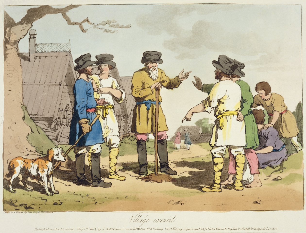 O Village Council, gravado pelo artista, publicou 1803 de John Augustus Atkinson