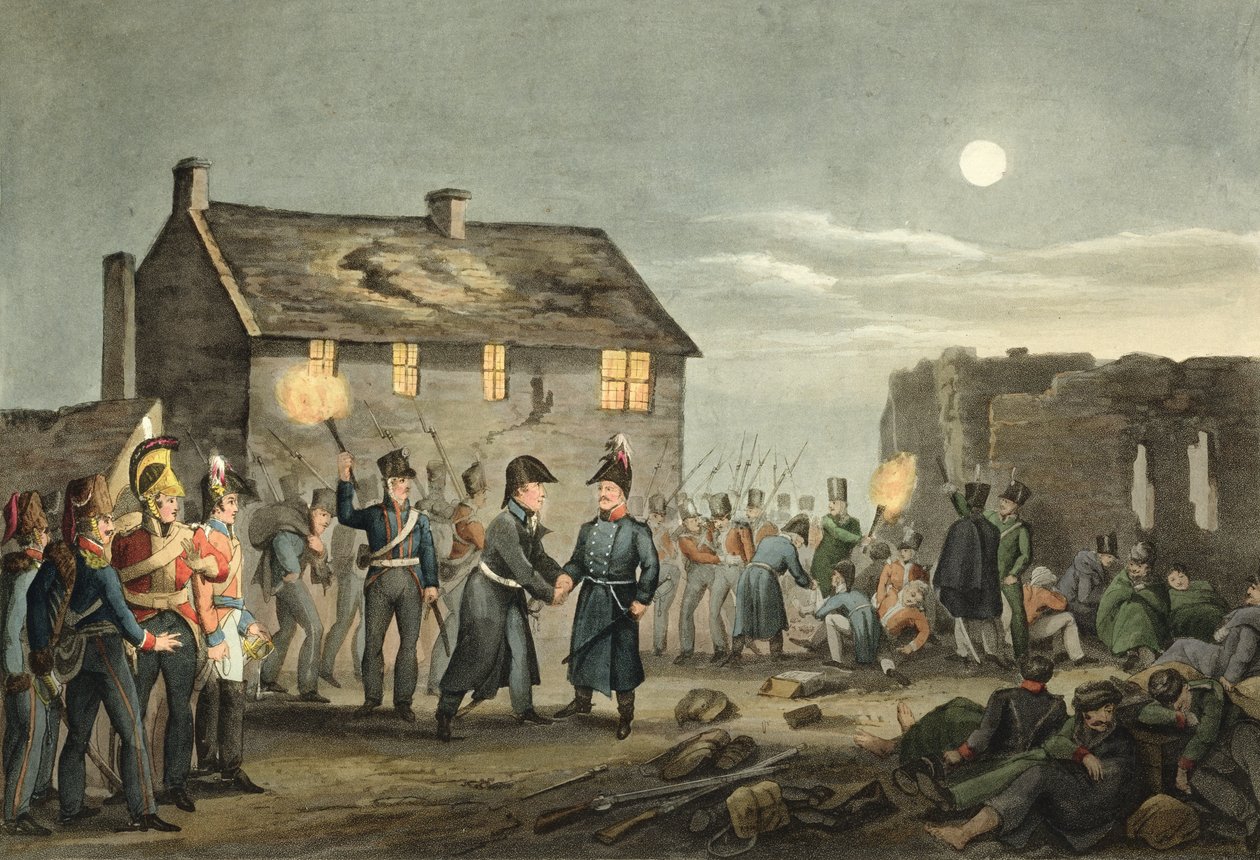 Reunião de Wellington e de Blucher pelo acidente no fim da batalha de Waterloo, gravado por Matthew Dubourg (fl.1813-20) &39;das anedotas históricas, militares e navais&39;, bar. por Edward Orme (1774-c.1 de John Augustus Atkinson