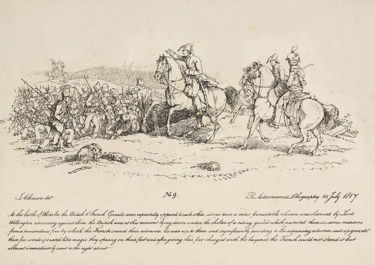 Wellington dirigindo uma carga dos guardas contra uma coluna de francês em Waterloo, litografia por R. Ackermann, 1815 de John Augustus Atkinson