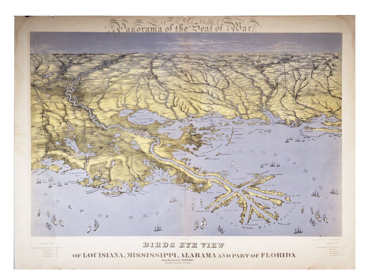 Panorama do assento da guerra: Pássaros olho vista de Louisiana, Mississippi, Alabama e parte da Flórida, 1861 de John Bachmann