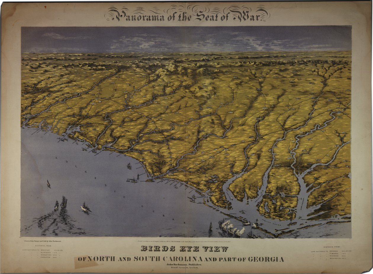 Panorama do assento da guerra: Pássaros olho vista do norte e Carolina do Sul e parte da Geórgia, 1861 de John Bachmann