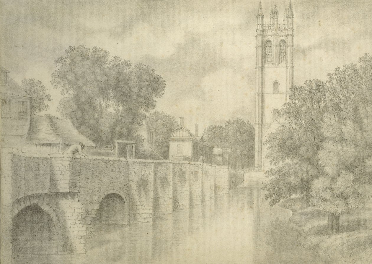 Magdalen Bridge and Tower (grafite no papel) de John Baptist Malchair