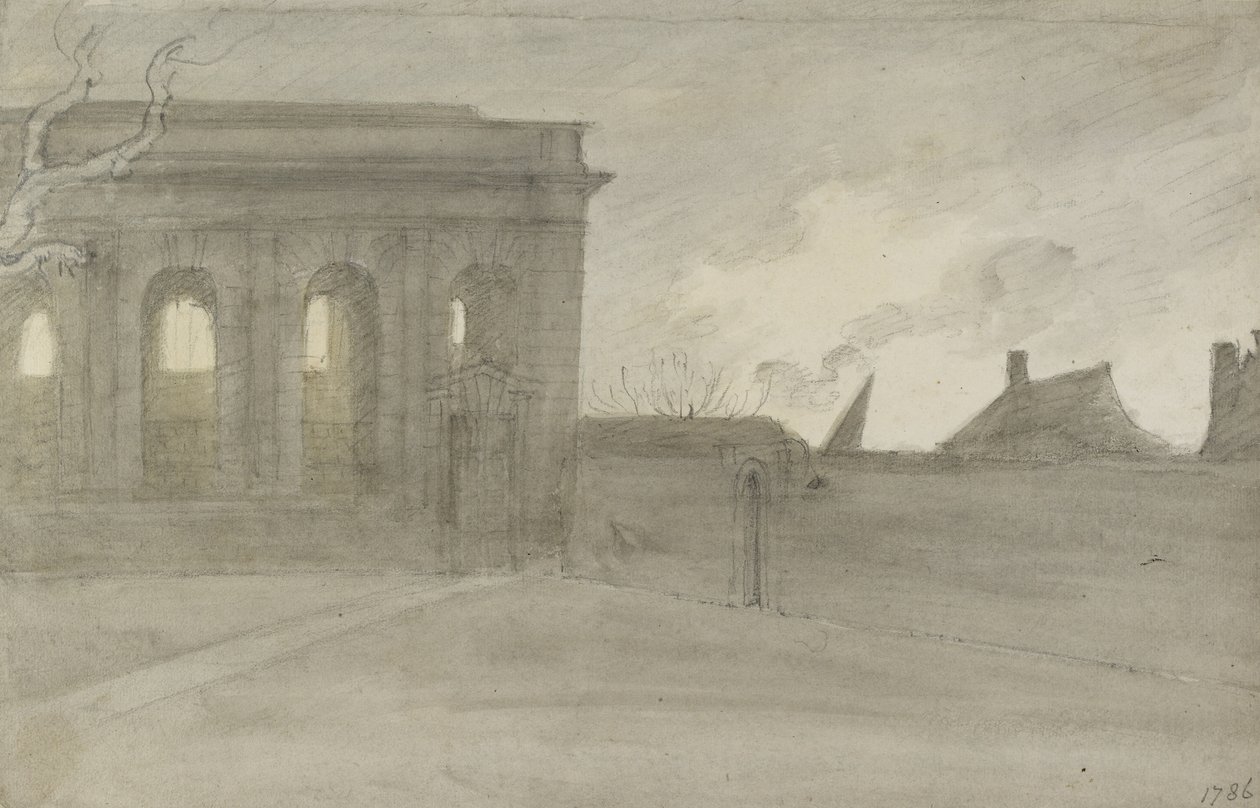 Pembroke Coll. Oxon., 9 de novembro de 1786 (cinza e bistre lava sobre grafite) de John Baptist Malchair