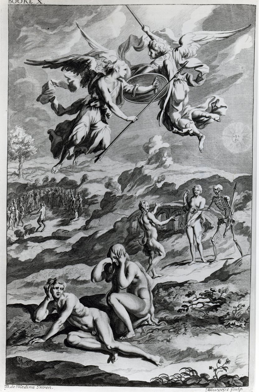Adão e Eva após a queda, ilustração de "Paradise Lost" de John Milton, gravada por Michael Burghers, sexta edição 1695 de John Baptist de Medina