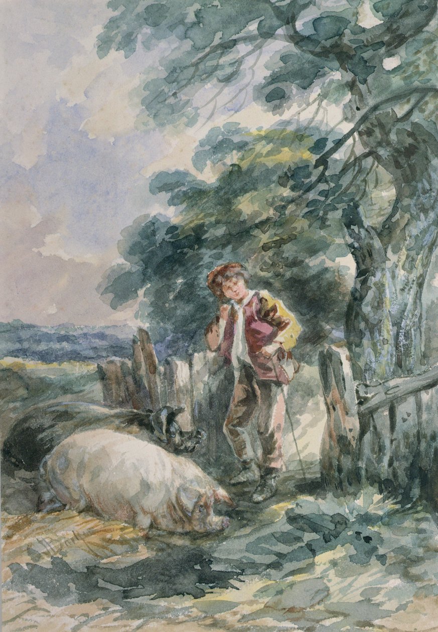 Esboço da paisagem, com um menino e dois porcos de John Barker
