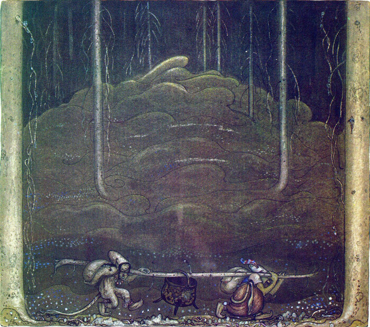 Quando a noite chegou, a mãe do troll e o menino saíram da montanha. Eles carregaram o caldeirão trolls entre si em uma vara de John Bauer