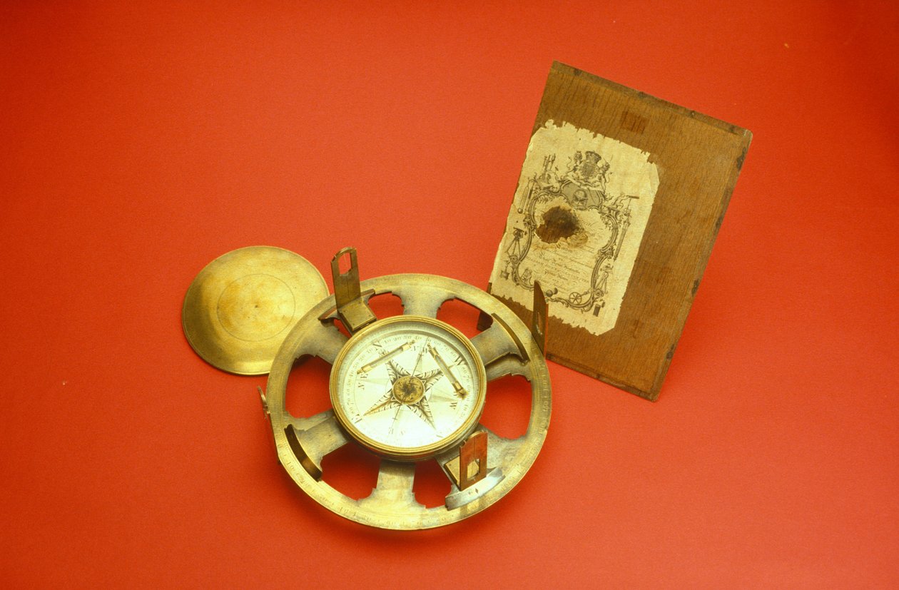 Teodolito liso com cartão de comércio no interior da tampa da caixa, c.1780 (latão) de John Bennett