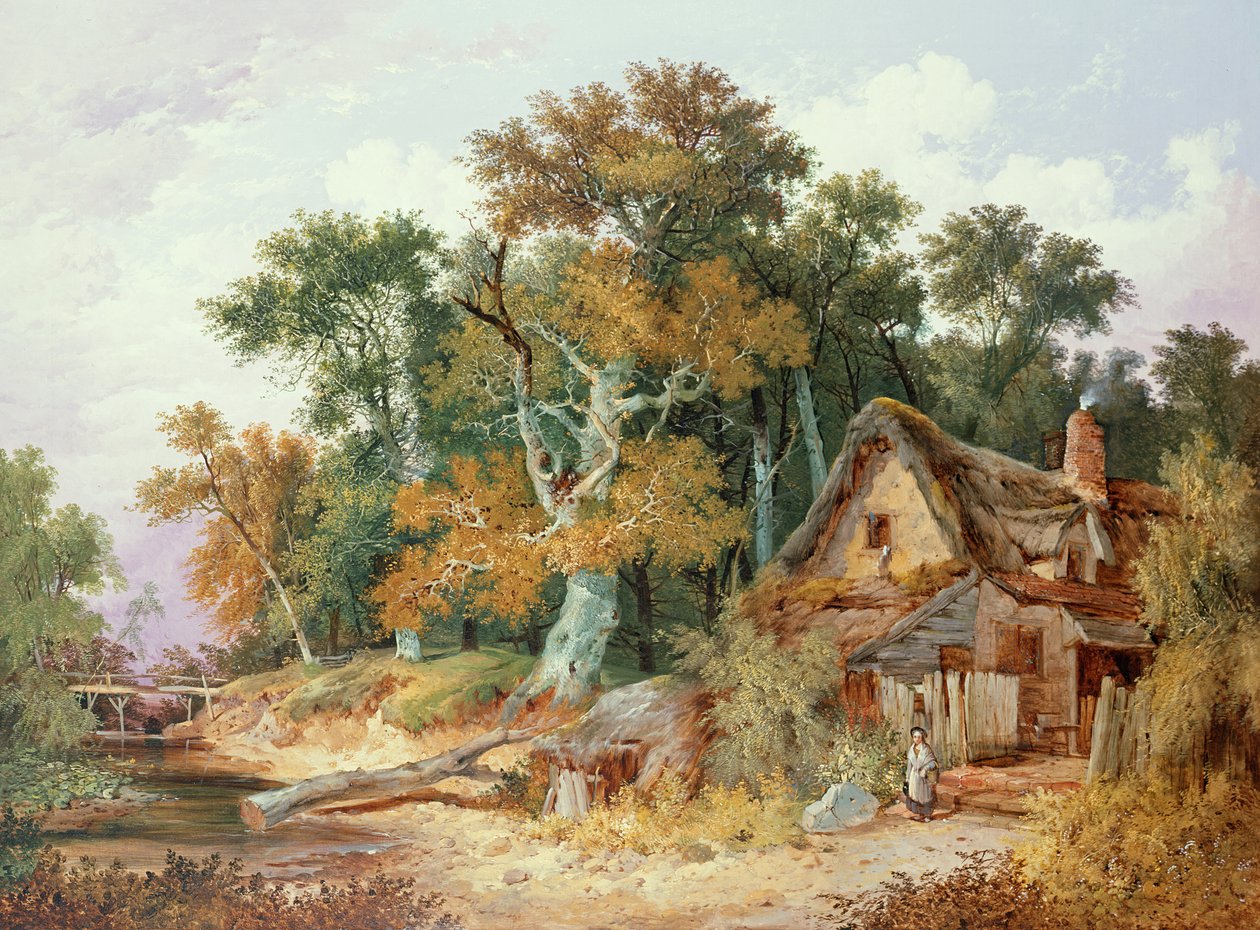 Cena da floresta com casa de campo de John Berney Ladbrooke