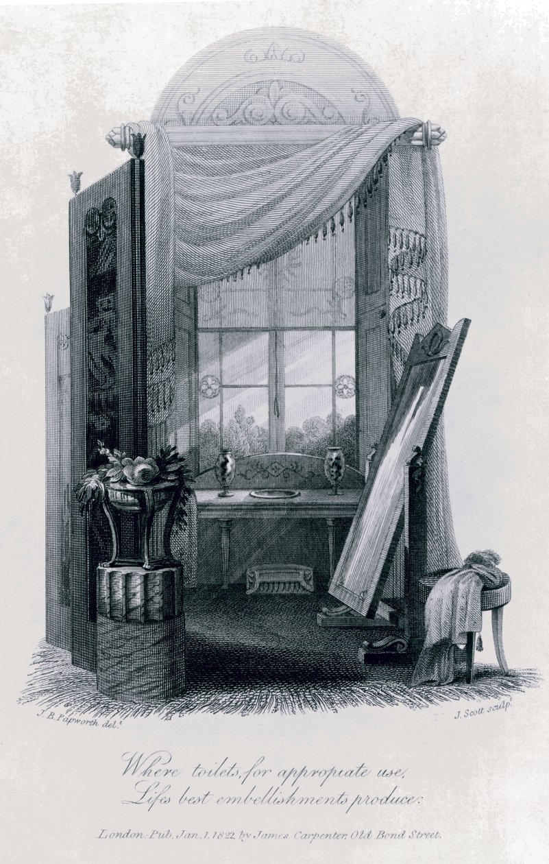Design para mobiliário de gercian (camarim) por JB Papworth de The Social Day por Peter Coxe, 1823, gravura de John Buonarotti Papworth
