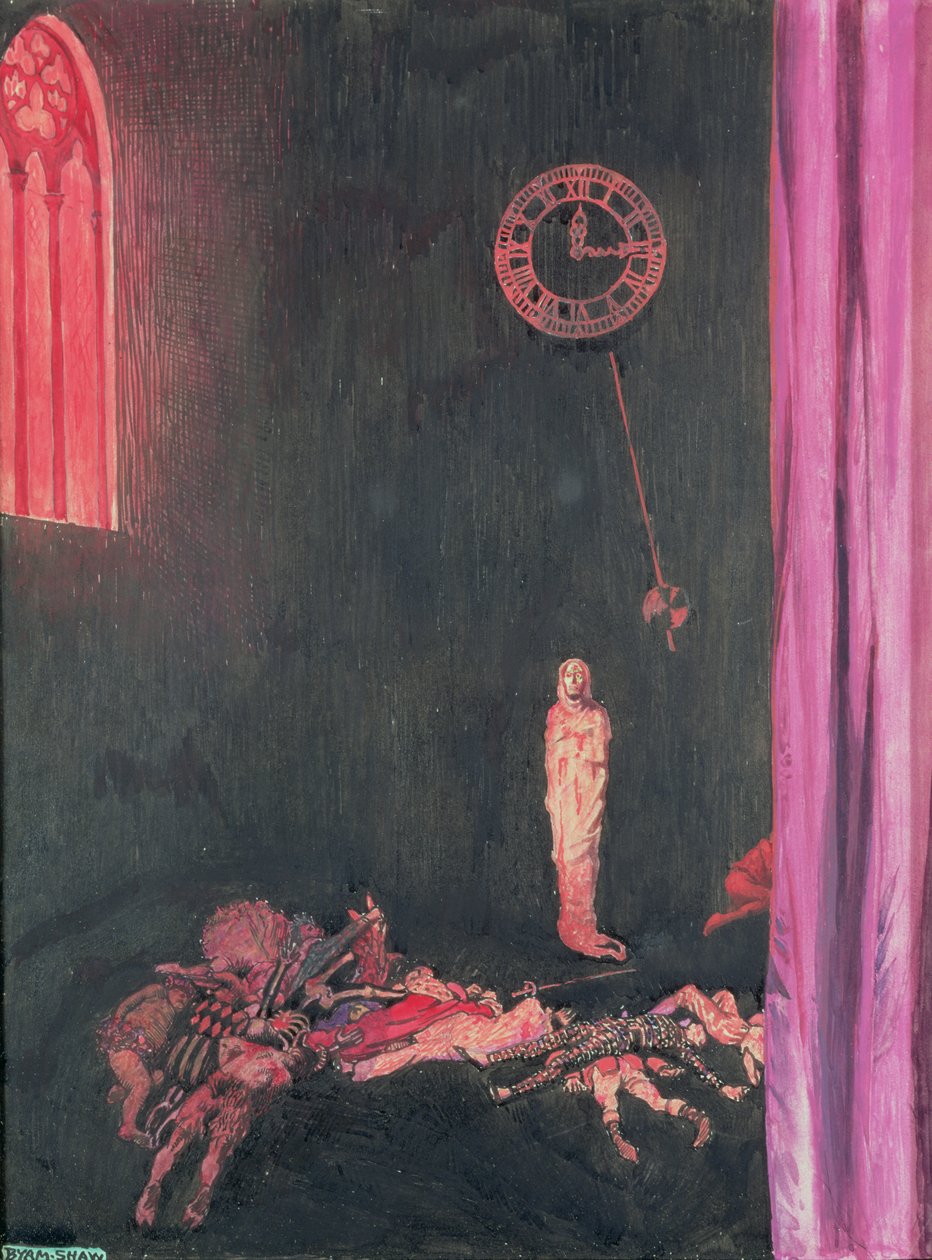 Escuridão e Decadência e a Morte Vermelha mantinha domínio ilimitado sobre todos, ilustração para "A Máscara da Morte Vermelha" de "Selected Tales of Mystery" de Edgar Allan Poe, 1909 (wc e guache sobre pa de John Byam Liston Shaw