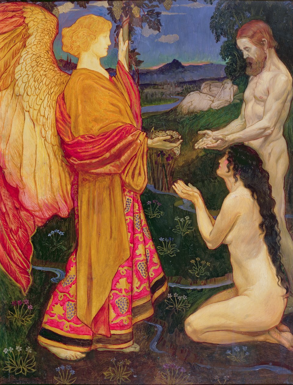 O Anjo oferecendo os frutos do Jardim do Éden a Adão e Eva de John Byam Liston Shaw