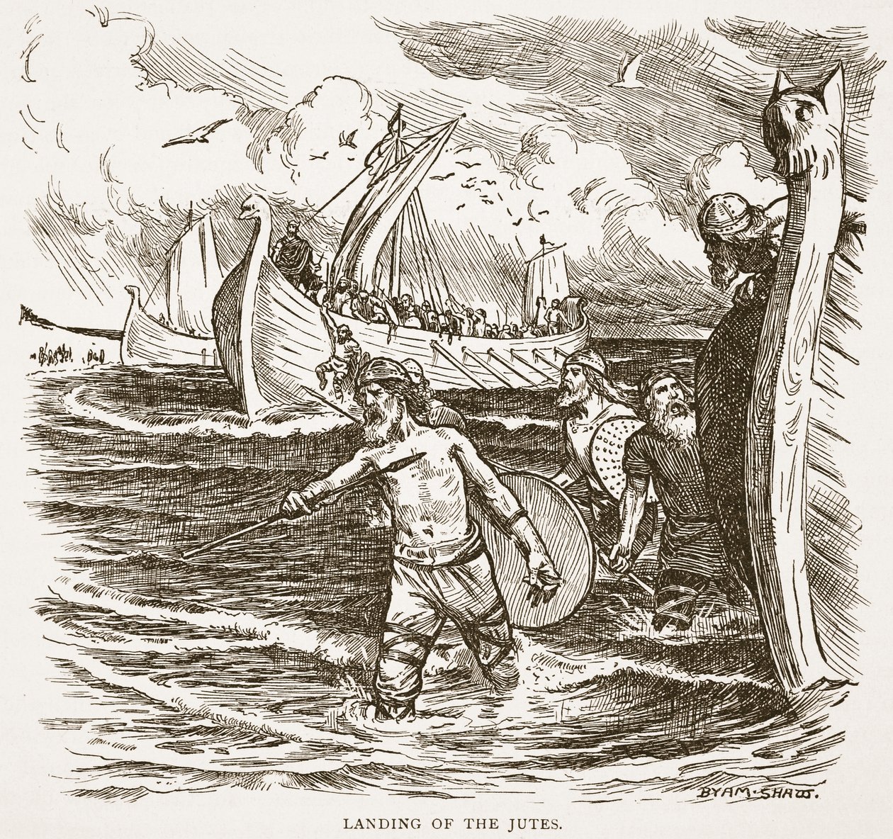 A aterrissagem dos jutos na ilha de Thanet, Kent, Inglaterra, 449, ilustração de "a igreja de Inglaterra: Uma história para o pessoa" por HDM Spence-Jones, bar. c.1910 (foto sépia) de John Byam Liston Shaw