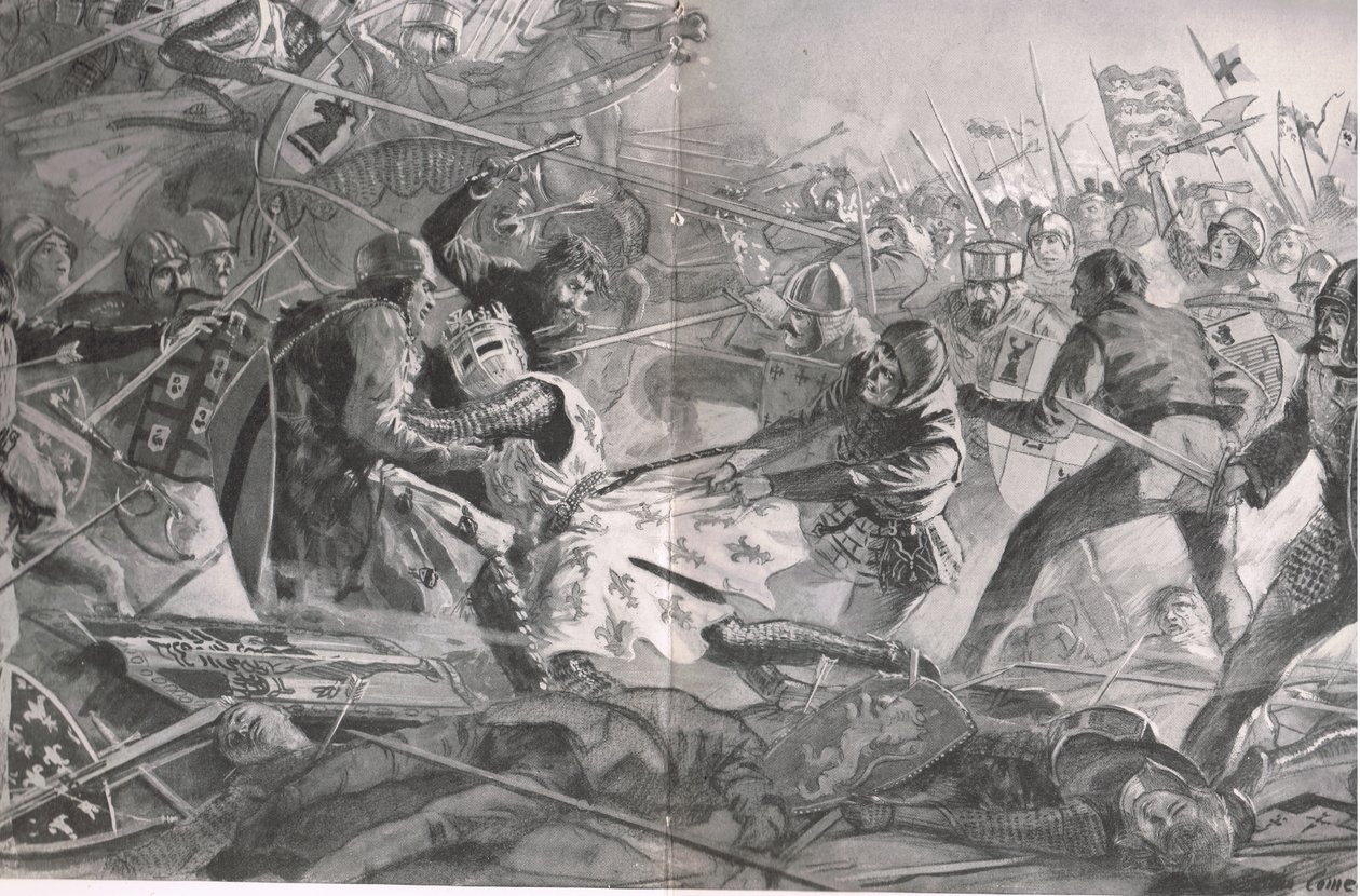 Philip atacou de novo e de novo até ser puxado de seu cavalo pela infantaria inglesa, ilustração de "Batalhas Britânicas na Terra e no Mar", publicada por Cassell, Londres, c.1910 de John Cameron