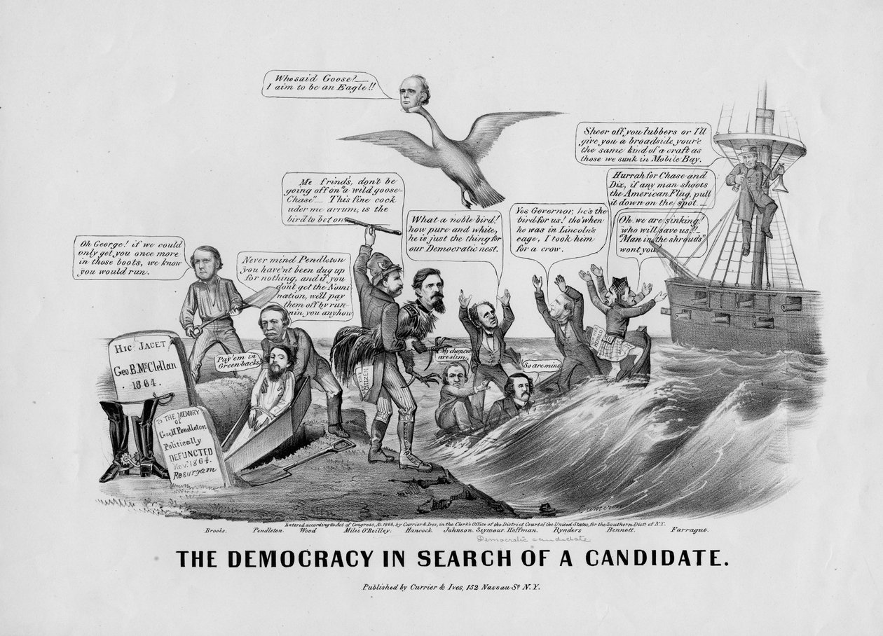 A democracia em busca de um candidato, publicado por Currier und Ives, Nova York, 1868 de John Cameron